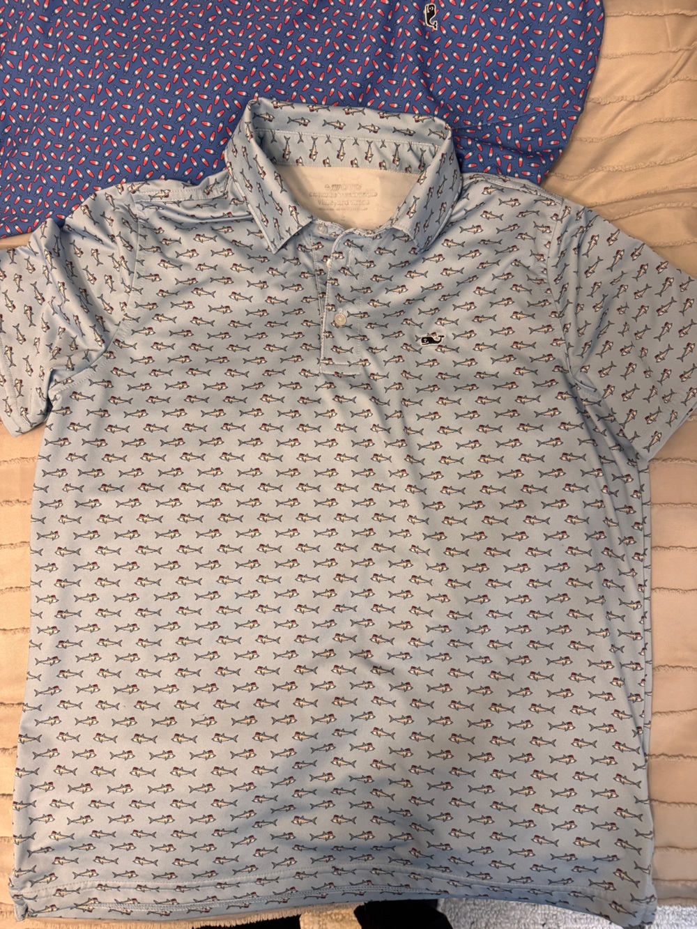 Vineyard Vines Performance Polo,Light Blue with Tiny Shark & Red Hat Motif